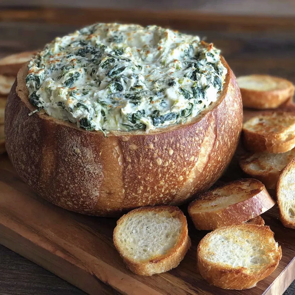 A large bowl of spinach dip on a wooden table.