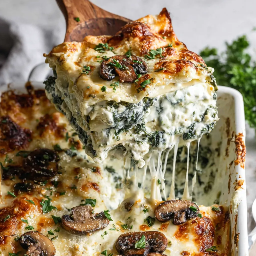 A spinach mushroom lasagna is being served.
