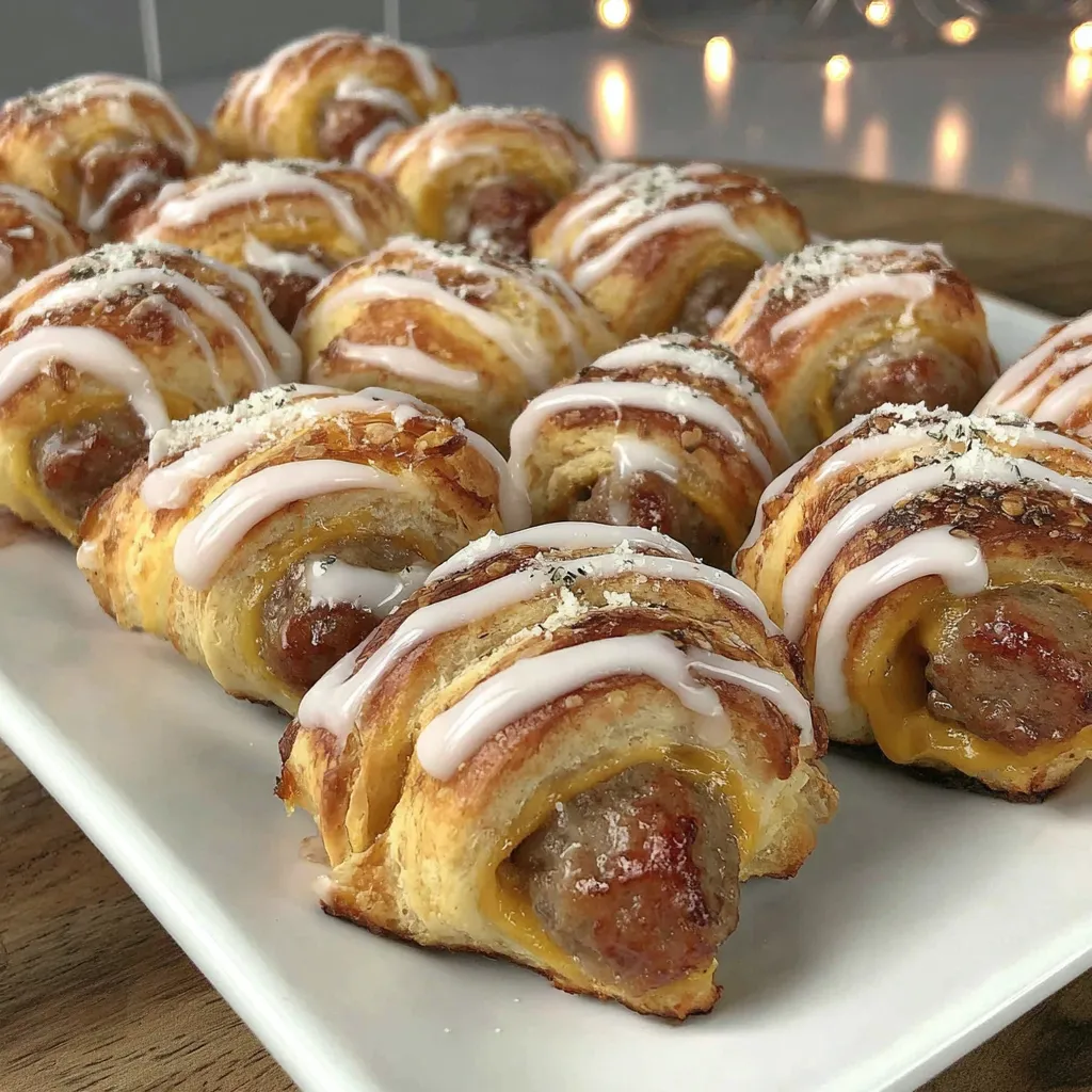 A plate of cinnamon rolls with sausage.