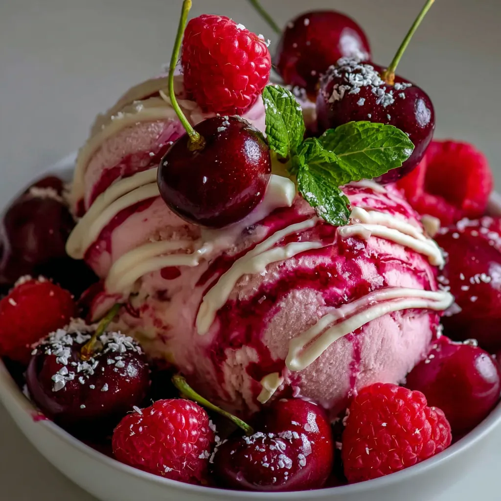 A bowl of cherry raspberry dessert.