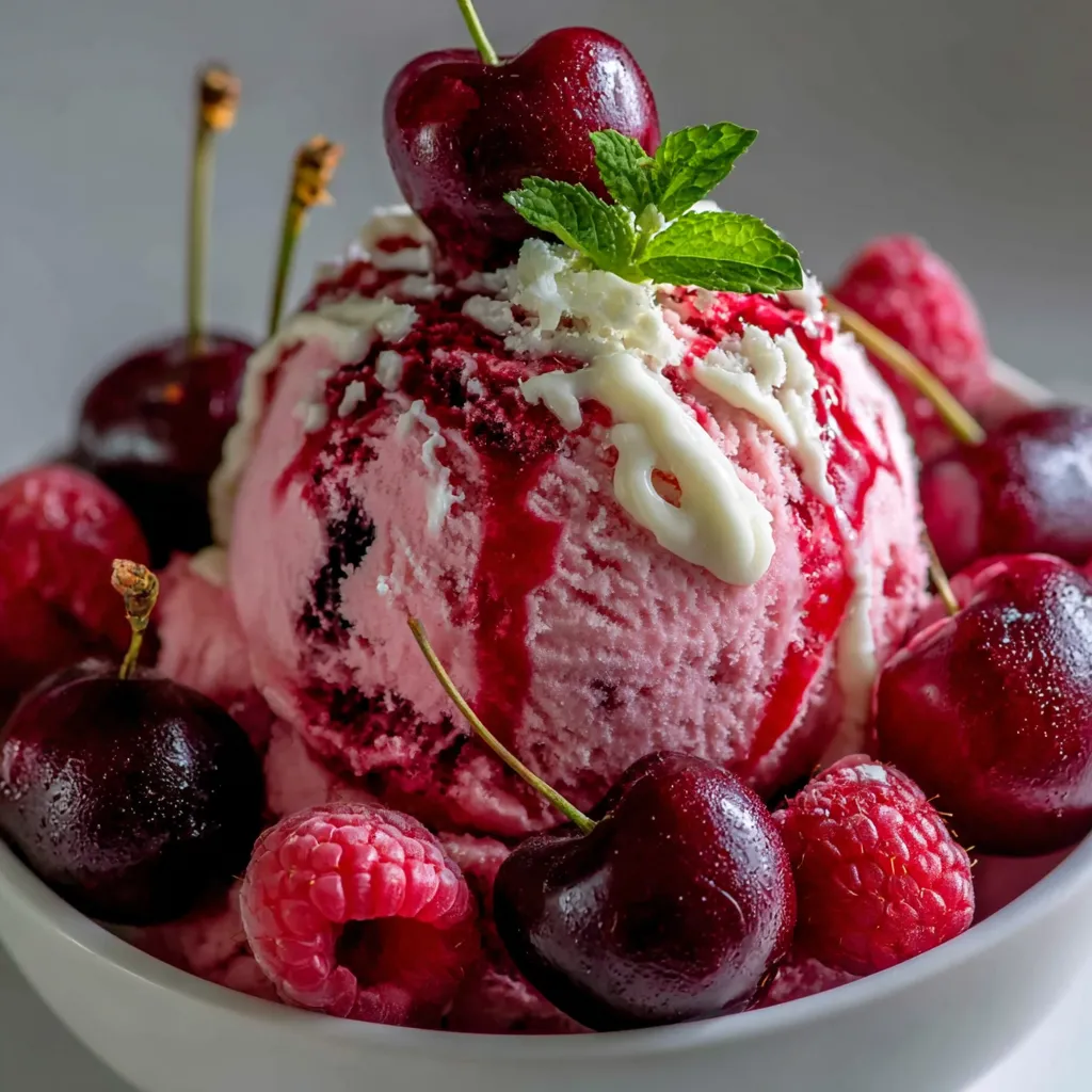 A bowl of cherry raspberry dessert.