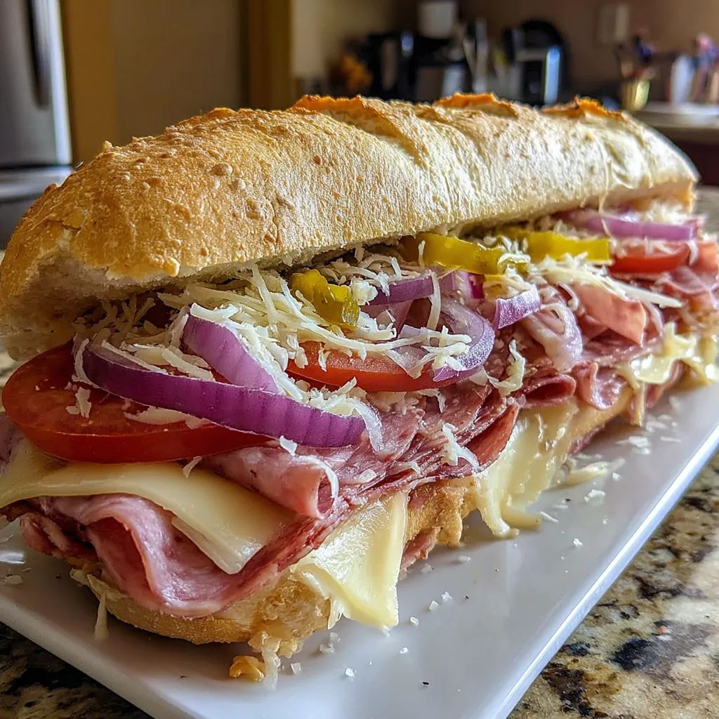 A large sub sandwich with meat, cheese, and onions.