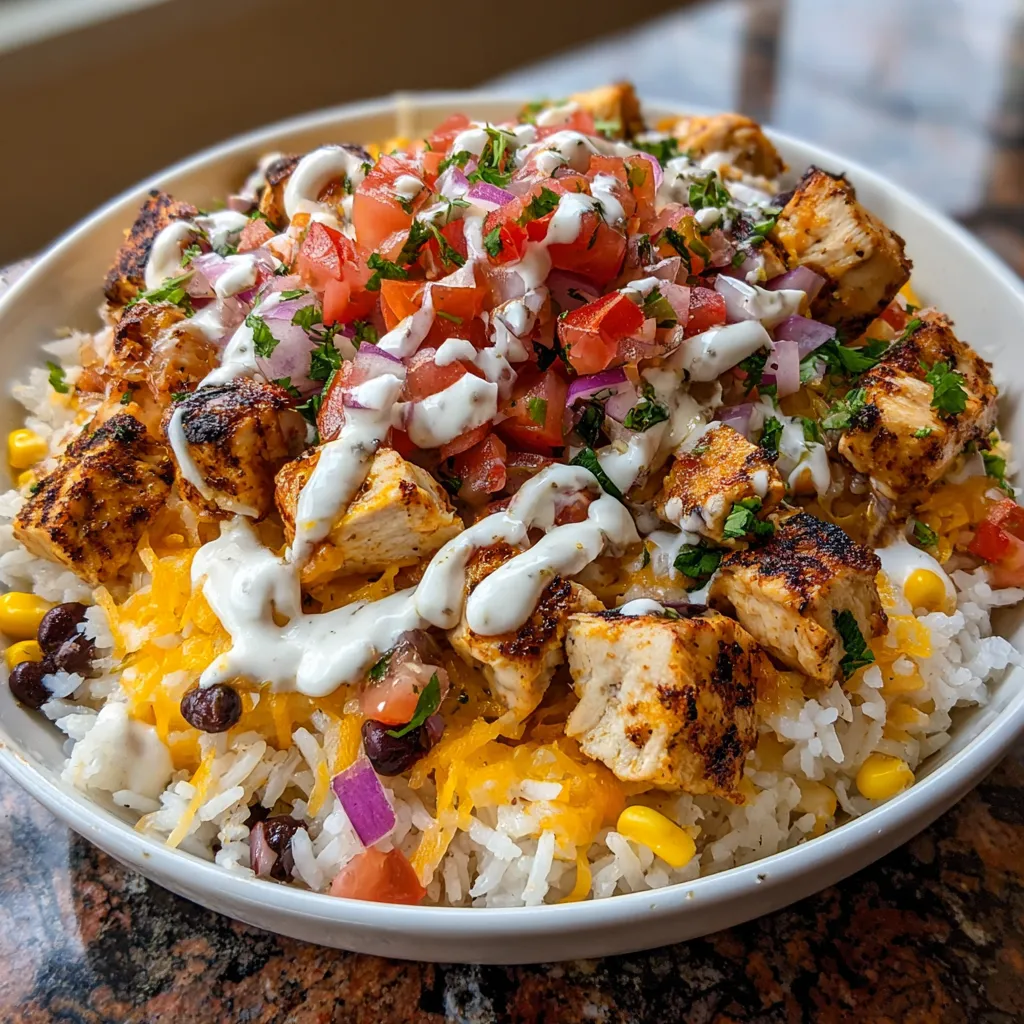 A plate of food with rice and chicken.