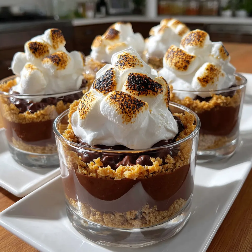No-bake s'mores dessert cups with marshmallows and chocolate.