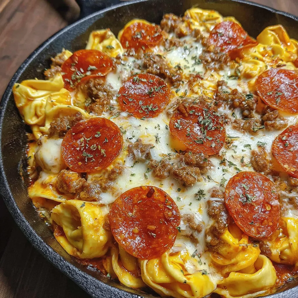 A pan of baked pizza tortellini.