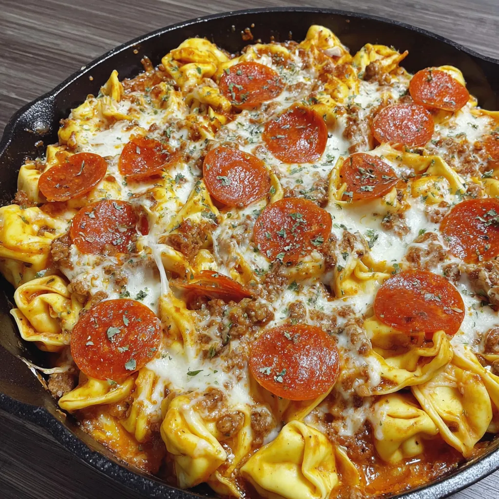 A baked pizza tortellini dish with pepperoni and cheese.