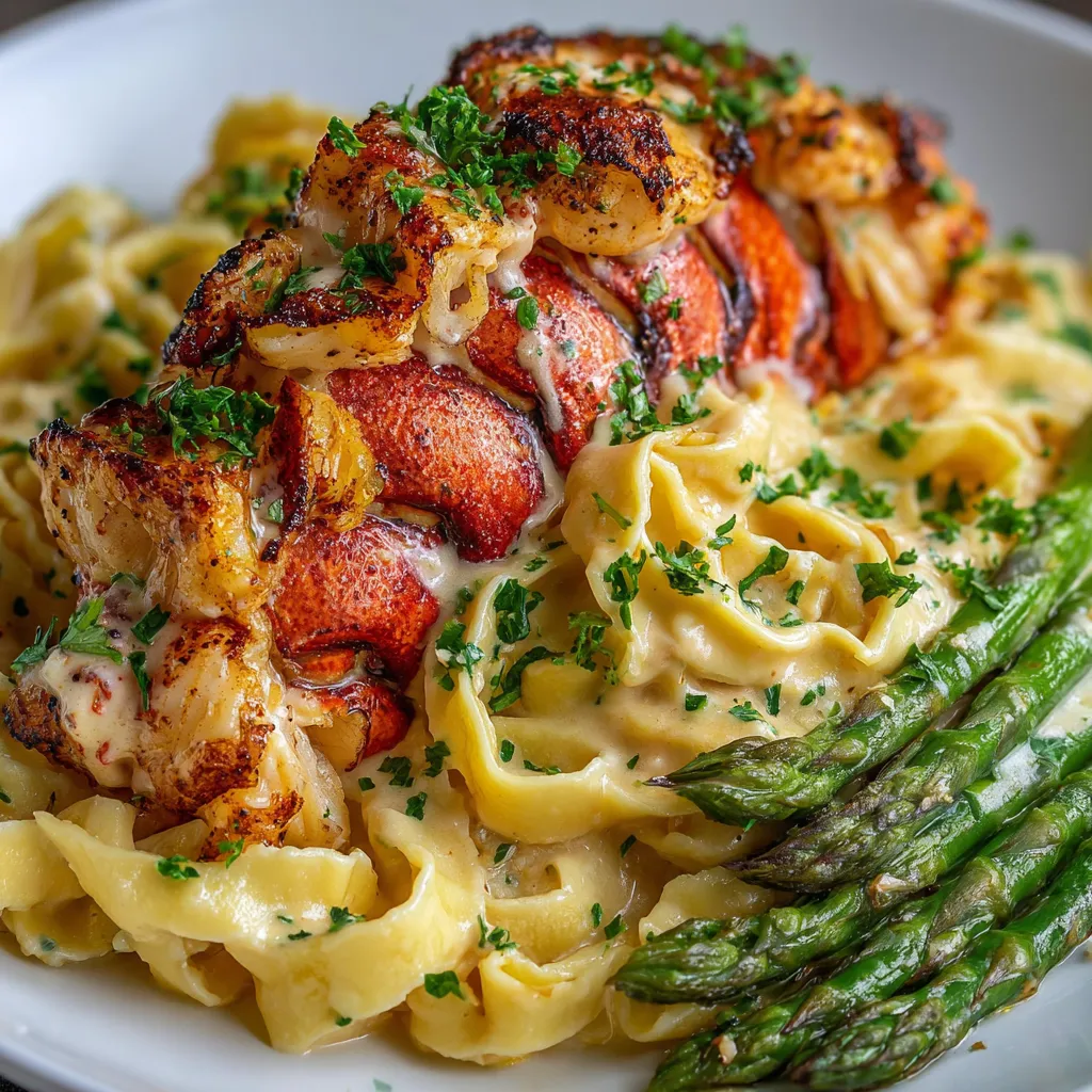 A plate of food with lobster tail, pasta, and asparagus.