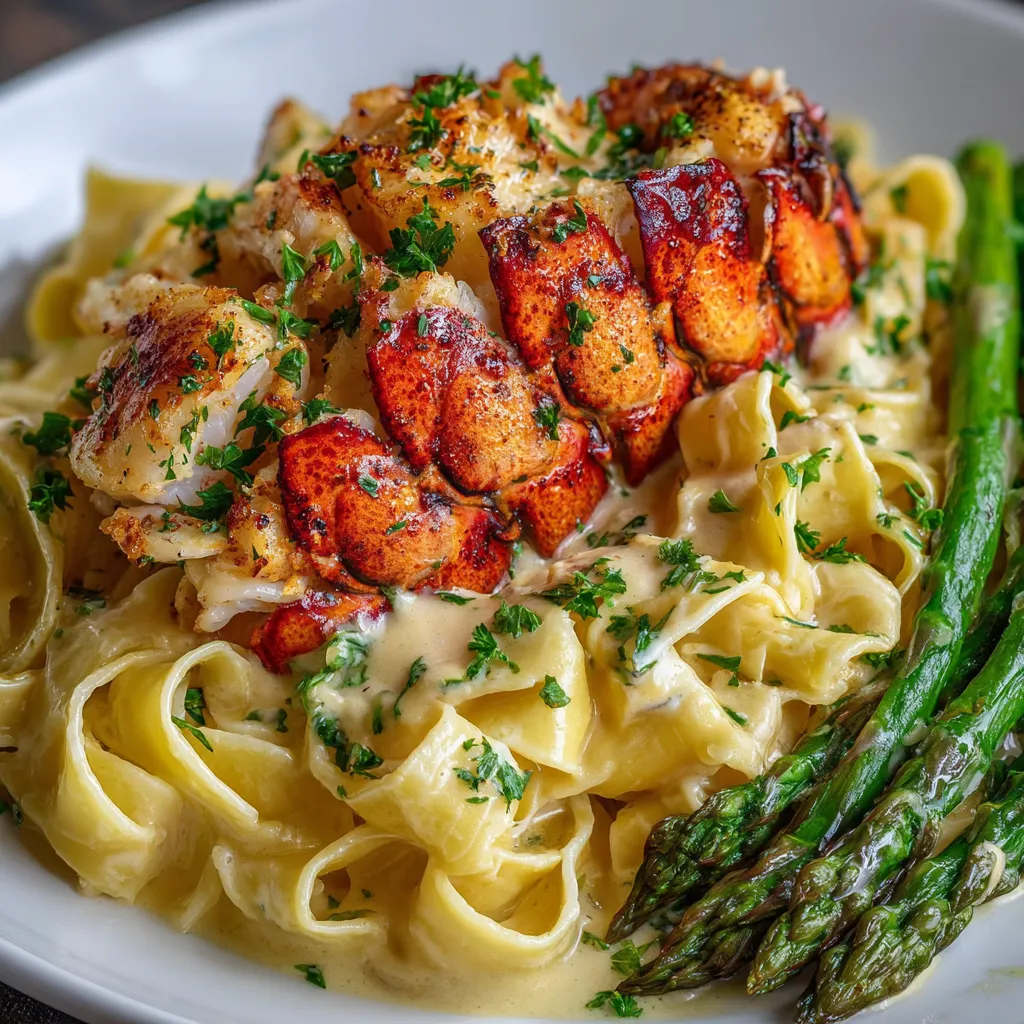 A plate of food with lobster tail, pasta, and asparagus.