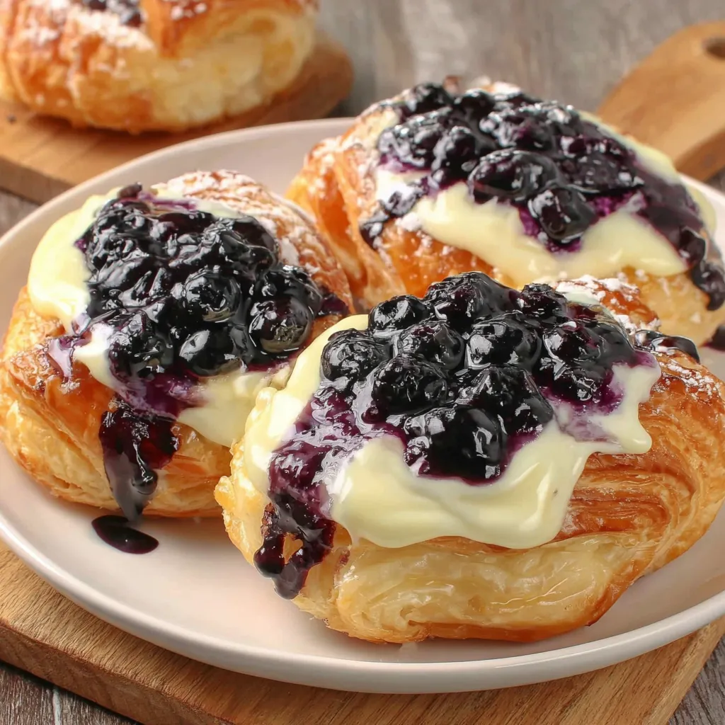 Three pieces of easy blueberry danish on a plate.