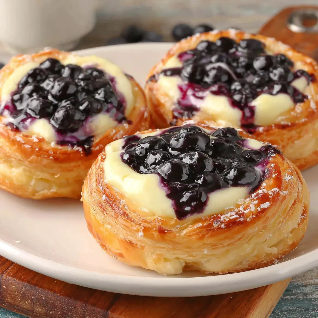 Two easy blueberry danishes on a plate.