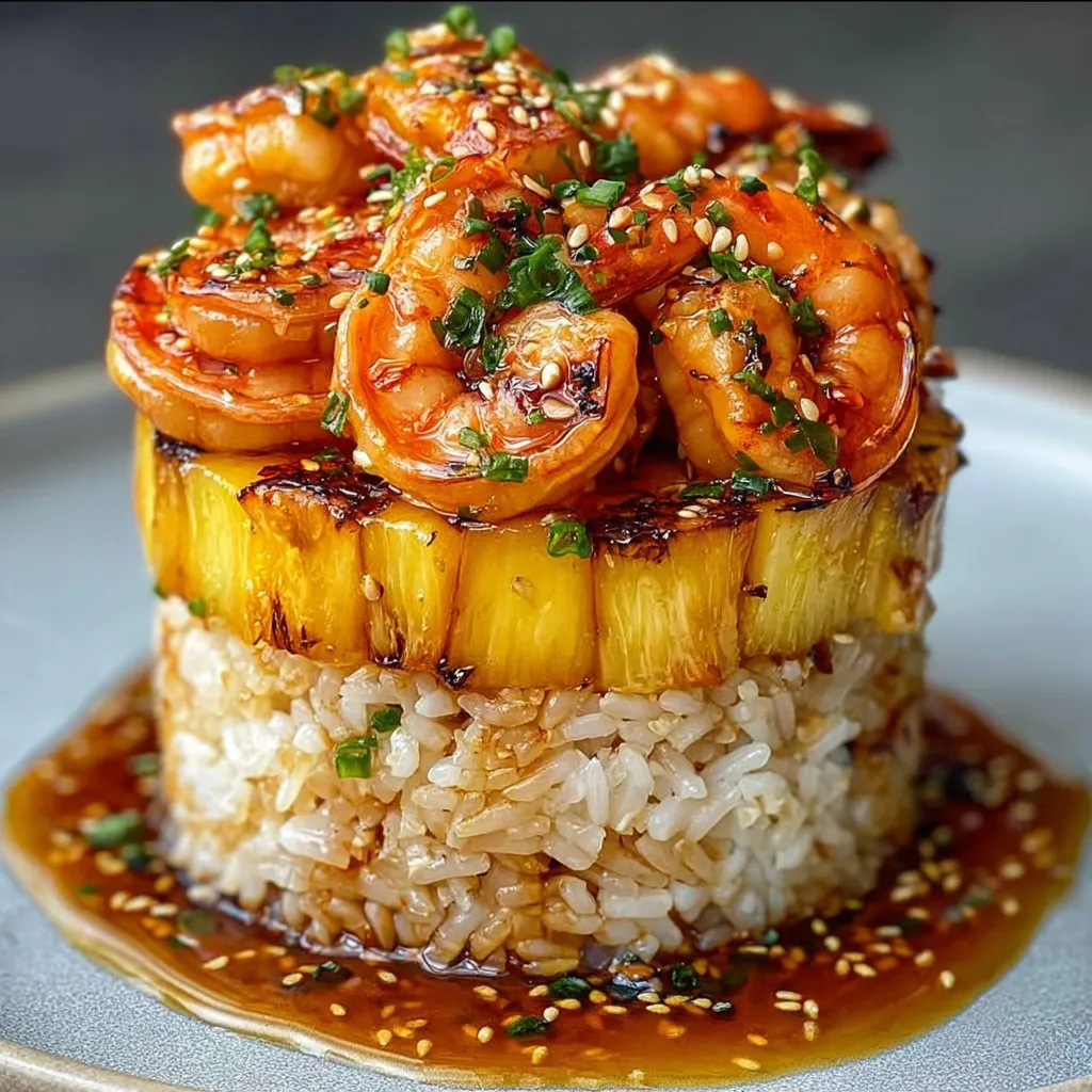 A dish of shrimp and rice with a pineapple teriyaki sauce.