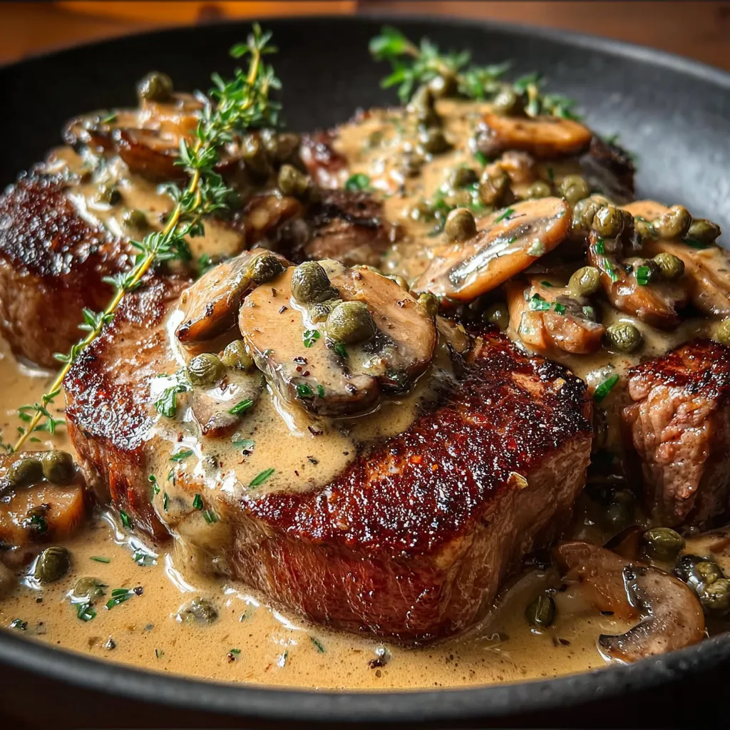 A plate of ribeye steaks with mushrooms and peppercorns.