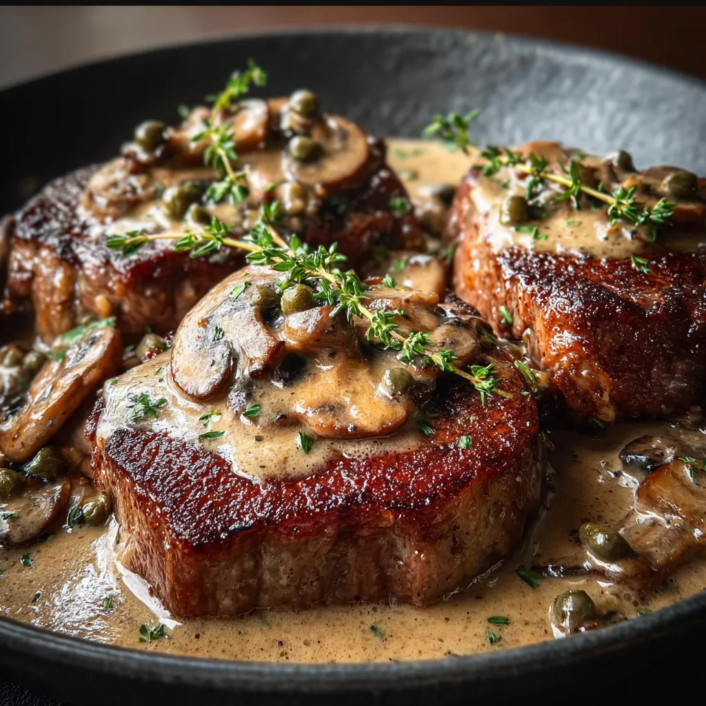 A plate of ribeye steaks with mushroom peppercorn sauce.