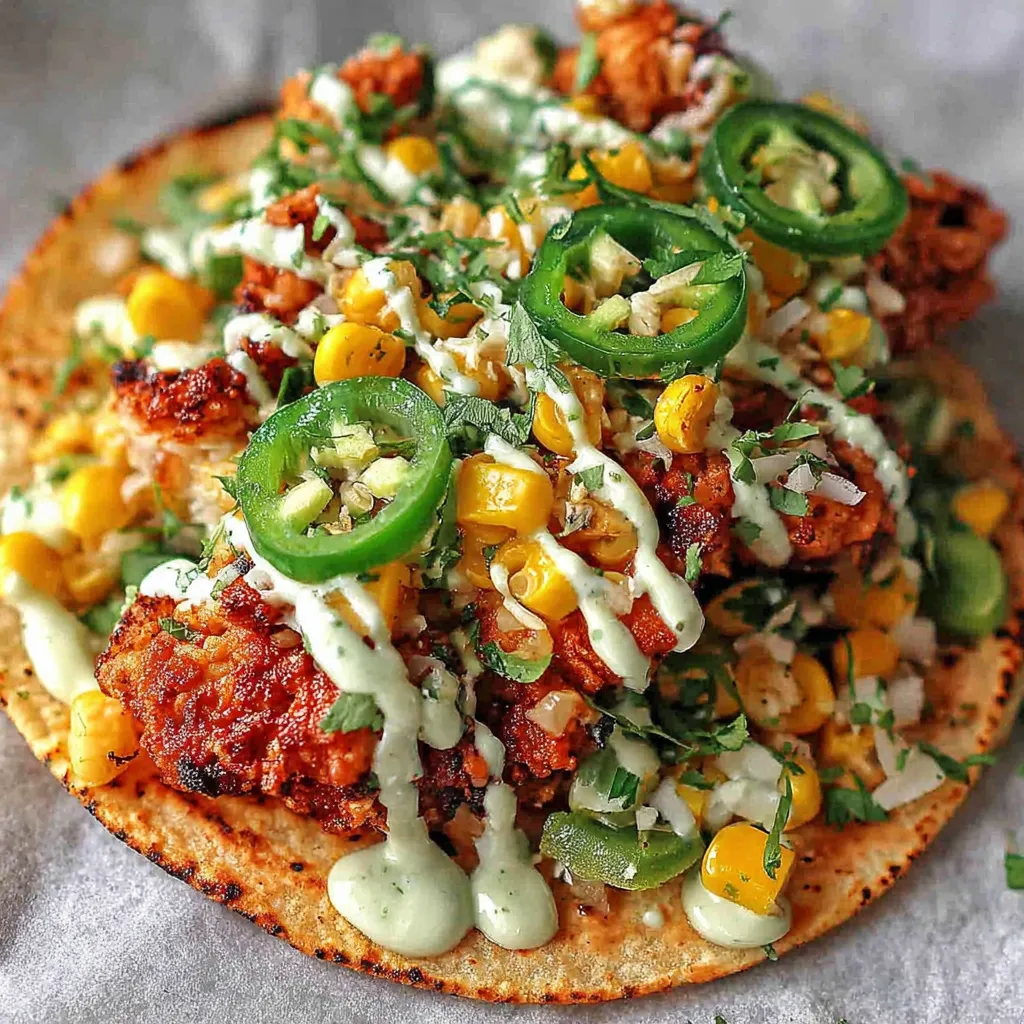 Fried chicken street corn tacos with jalapeno lime ranch.