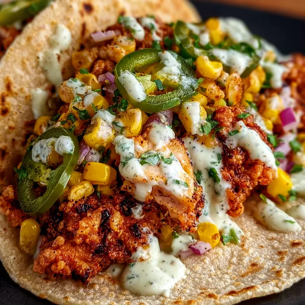 Fried chicken street corn tacos with jalapeño lime ranch.