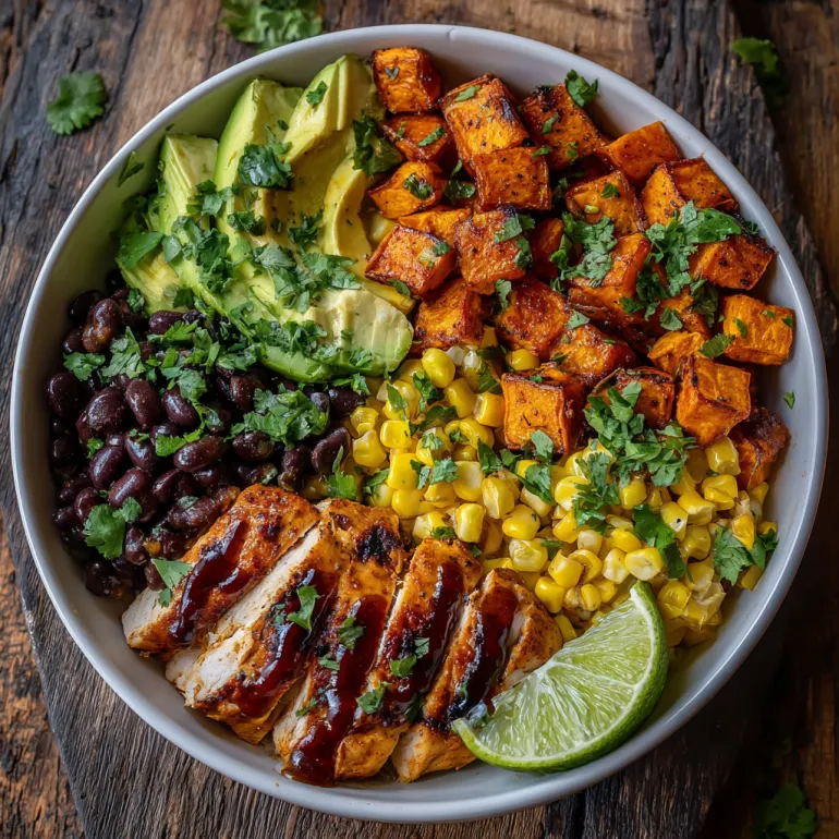 A bowl of food with chicken, sweet potatoes, corn, and avocado.
