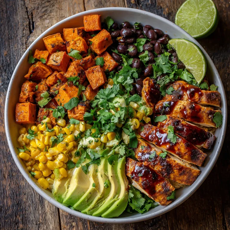 A bowl of food with chicken, sweet potatoes, and avocado.
