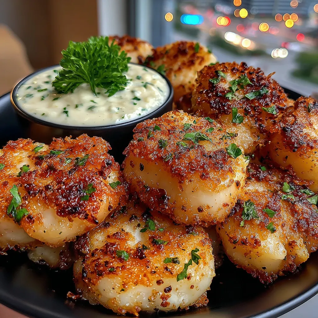 A plate of crispy garlic cod bites with a creamy lemon herb dip.