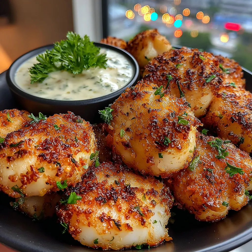 A plate of crispy garlic cod bites with a creamy lemon herb dip.
