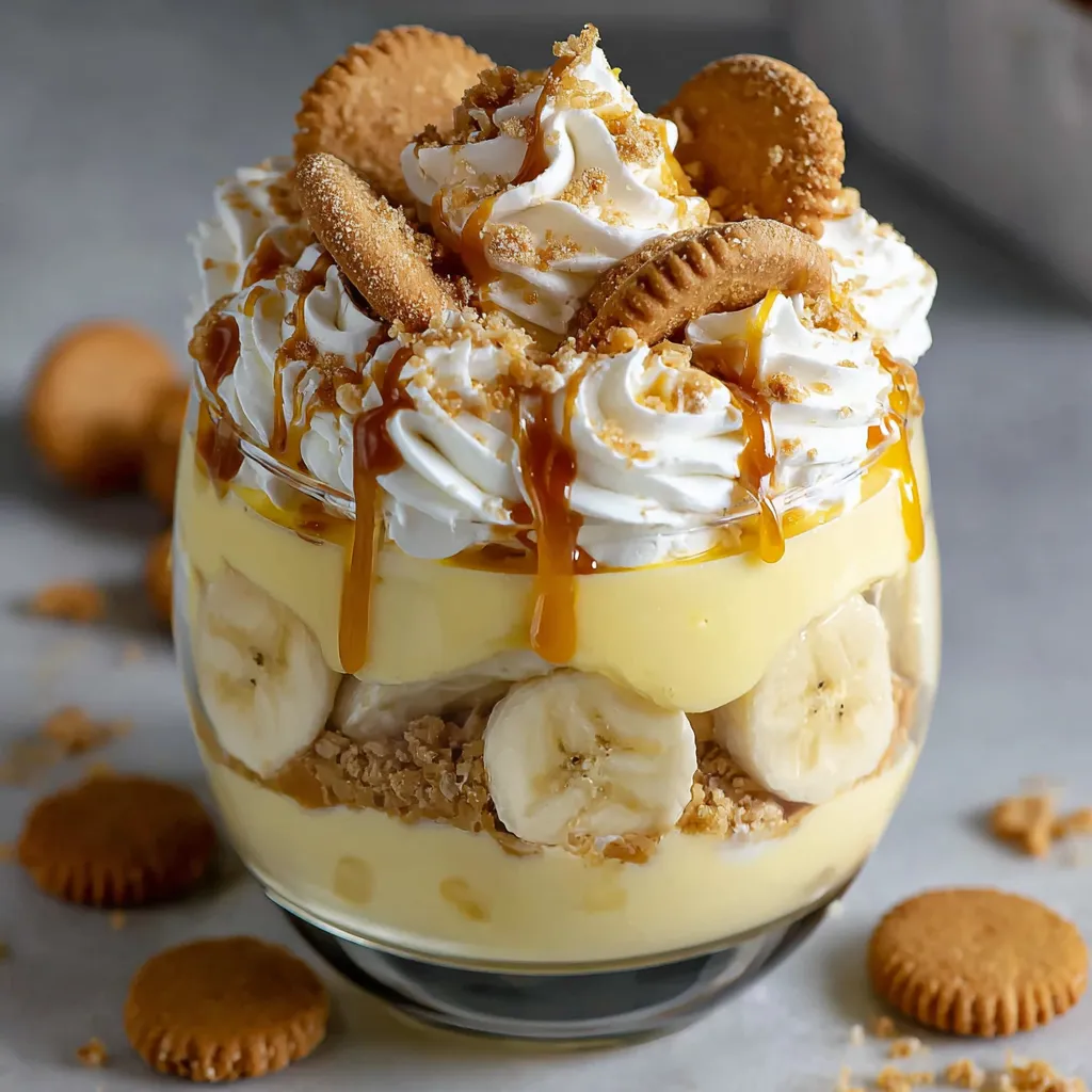 Banana pudding cups with whipped cream and cookies.