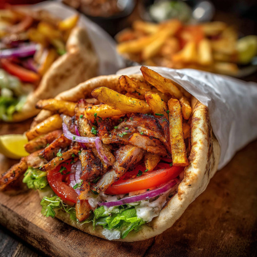 A gyro sandwich with chicken and french fries.
