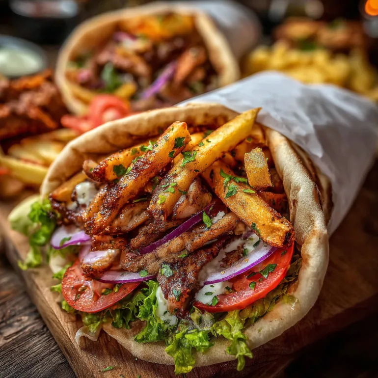 A gyro sandwich with chicken and french fries.