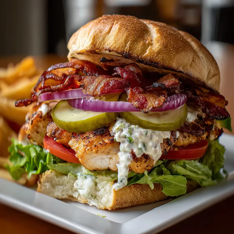 A chicken katsu curry sandwich with bacon, tomato, onion, and cucumber.