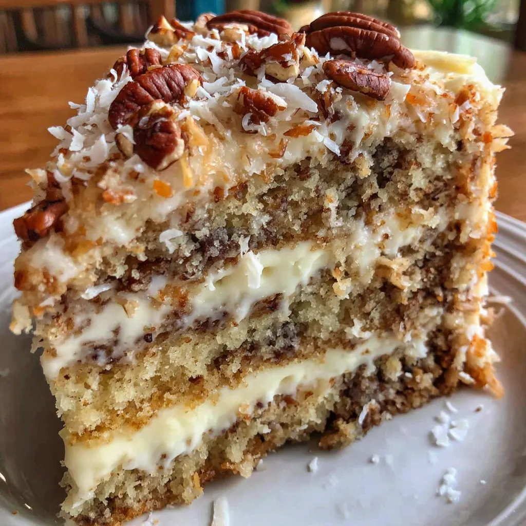A slice of white german chocolate cake.