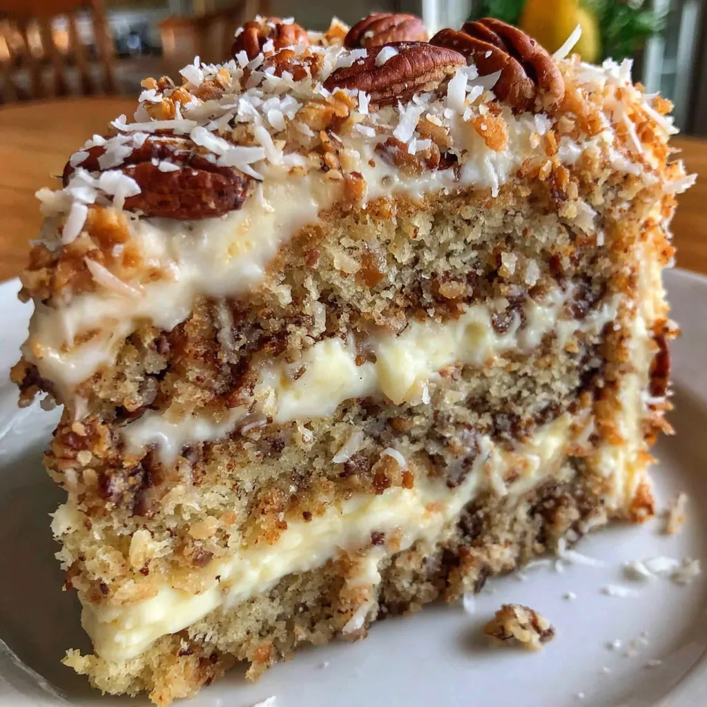 A slice of white german chocolate cake.