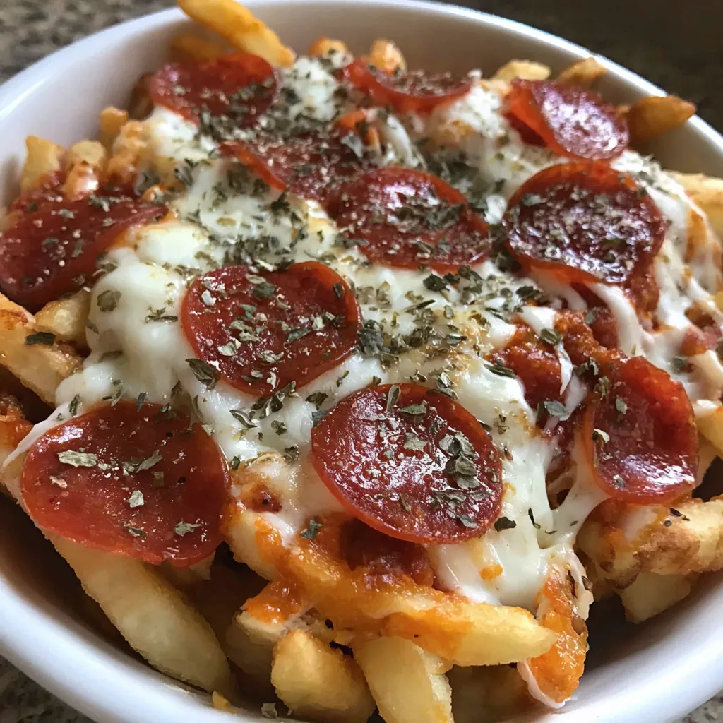 A bowl of pepperoni pizza fries.