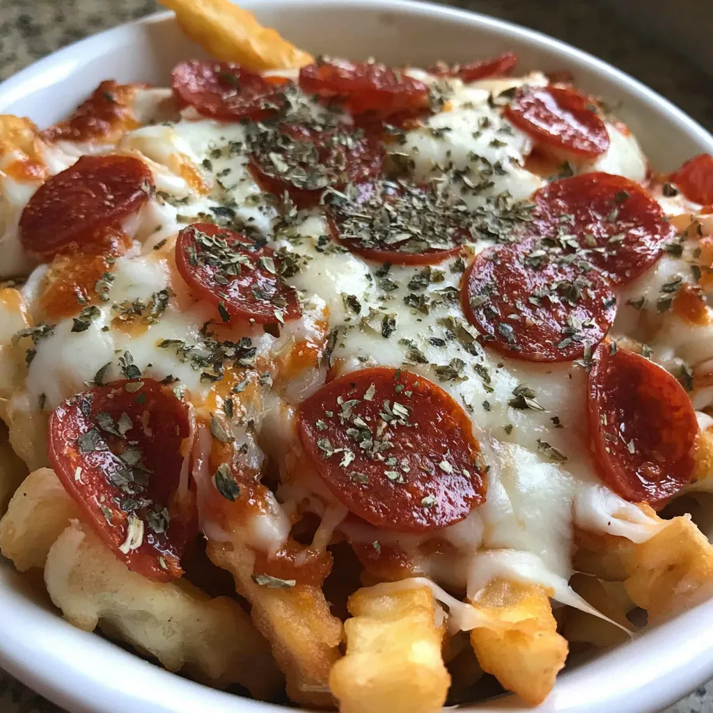 A bowl of pepperoni pizza fries.