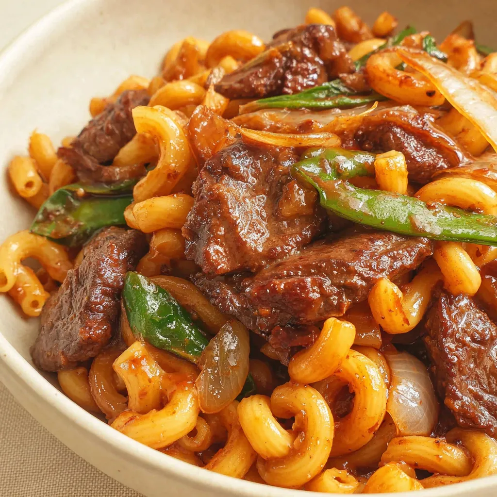 A bowl of stir fried beef macaroni.