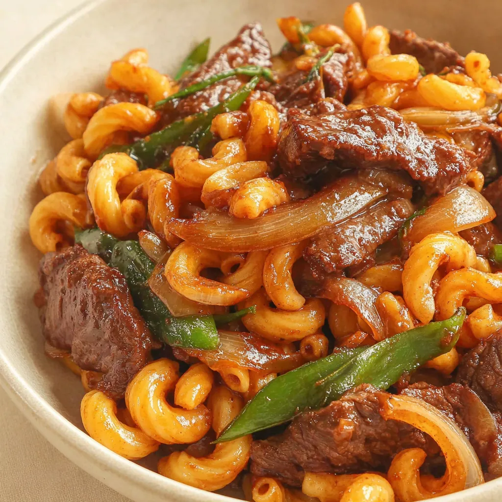 A bowl of stir fried beef macaroni.