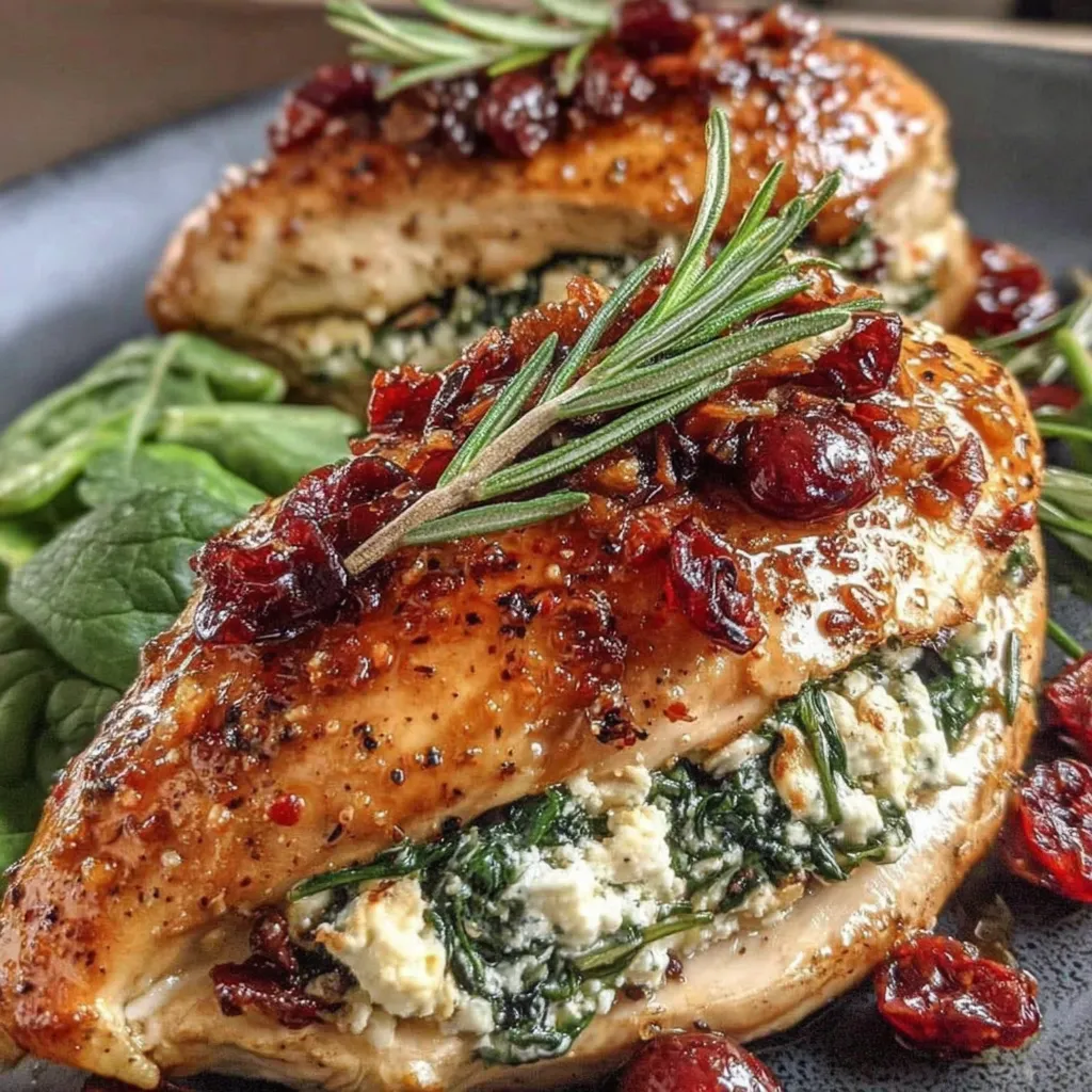 A dish of chicken with spinach and cranberries.