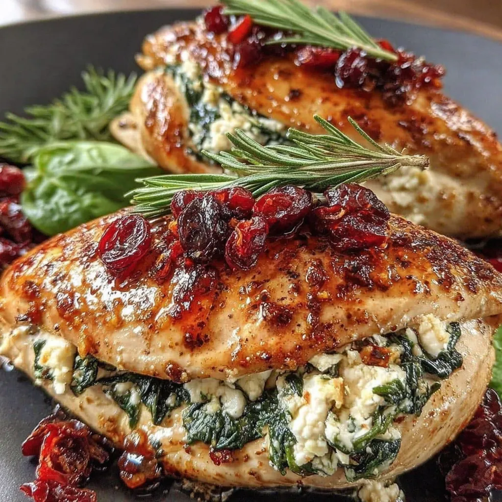A plate of stuffed chicken with spinach and cranberries.