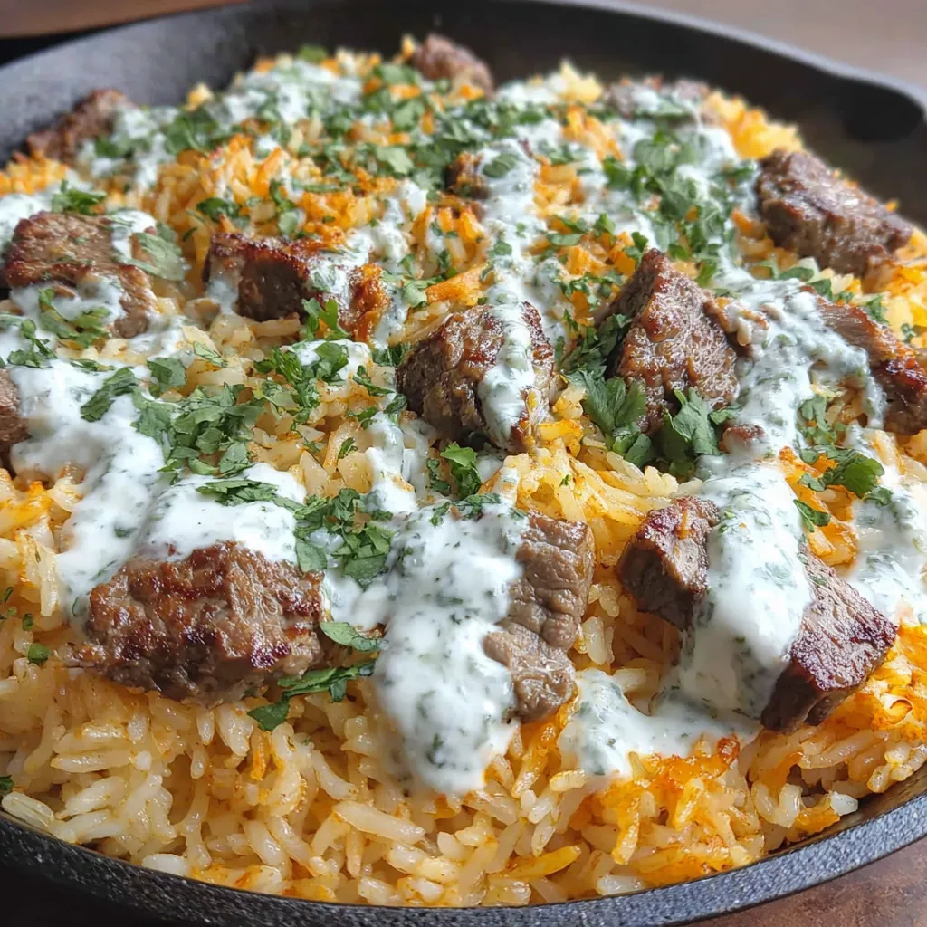 A skillet full of rice, meat, and cheese.