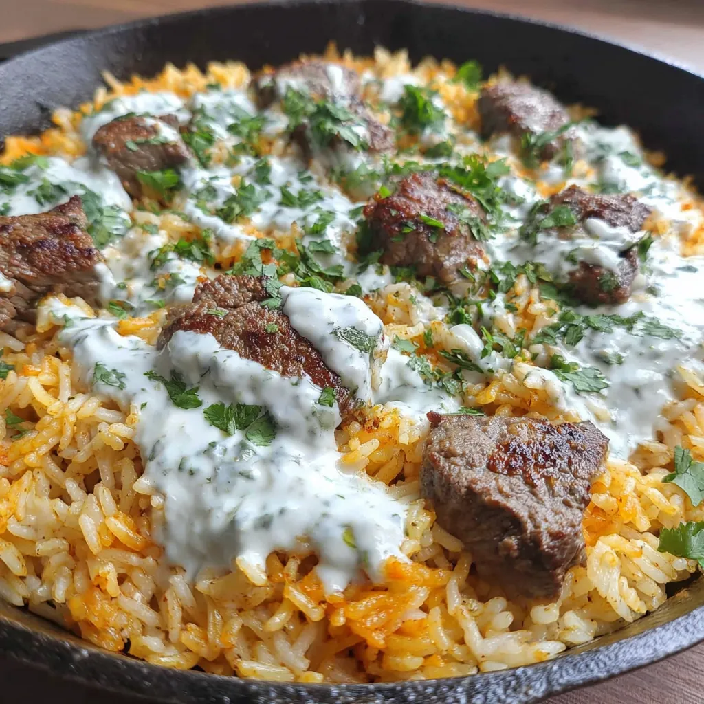 A skillet filled with rice, meat, and cheese.