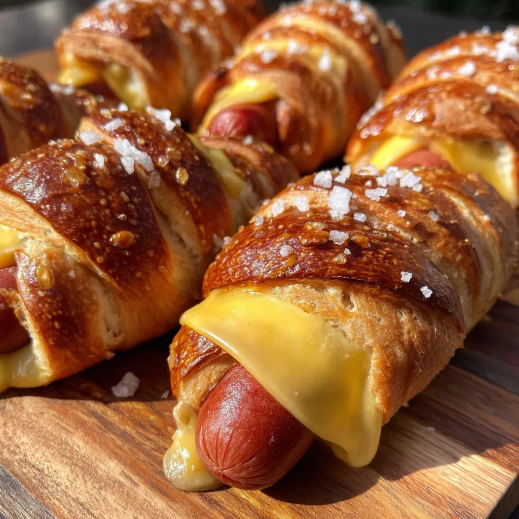 A plate of soft baked cheesy pretzel dogs.