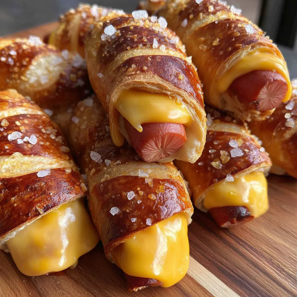 A pile of cheesy pretzel dogs.