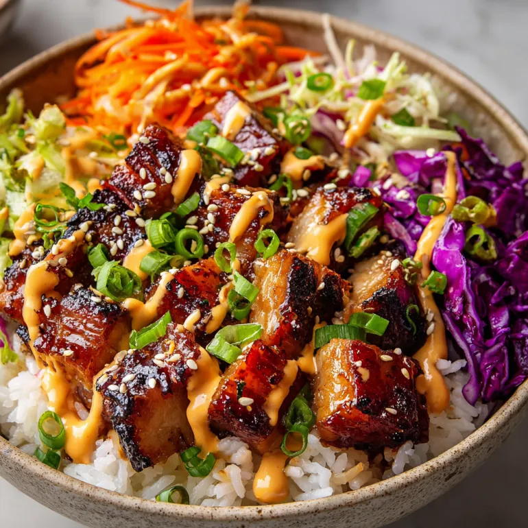 A bowl of Korean BBQ chicken with rice and vegetables.
