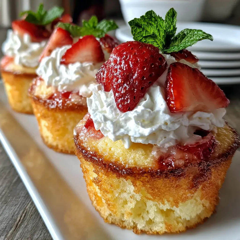 Three cupcakes with strawberries and whipped cream.