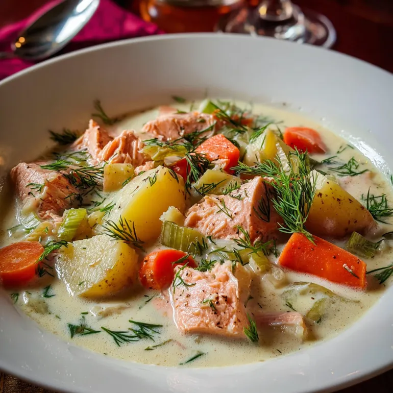 A bowl of cozy salmon chowder.