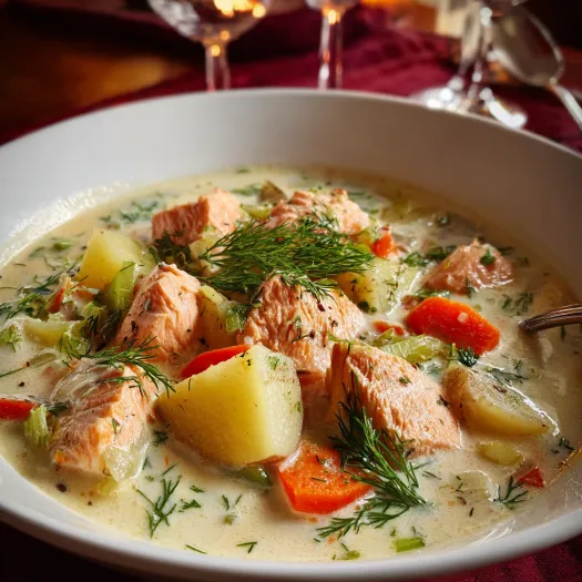 A bowl of salmon chowder with a spoon in it.