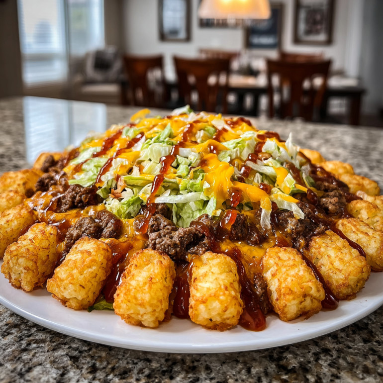 A plate of food with a Big Mac Tater Tot Casserole.