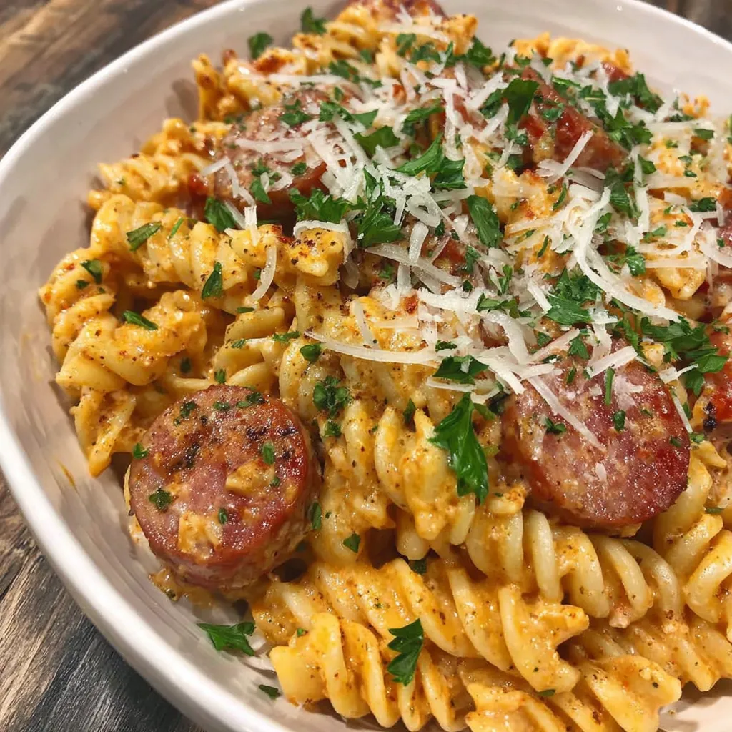 A bowl of creamy smoked sausage pasta.