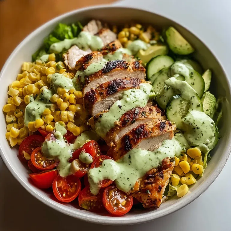A bowl of grilled chicken and avocado salad.
