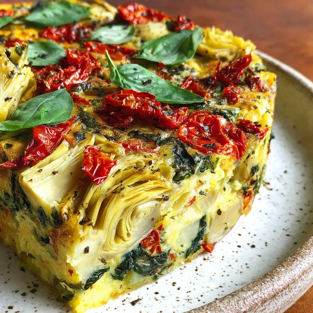 A spinach artichoke tomato casserole on a plate.