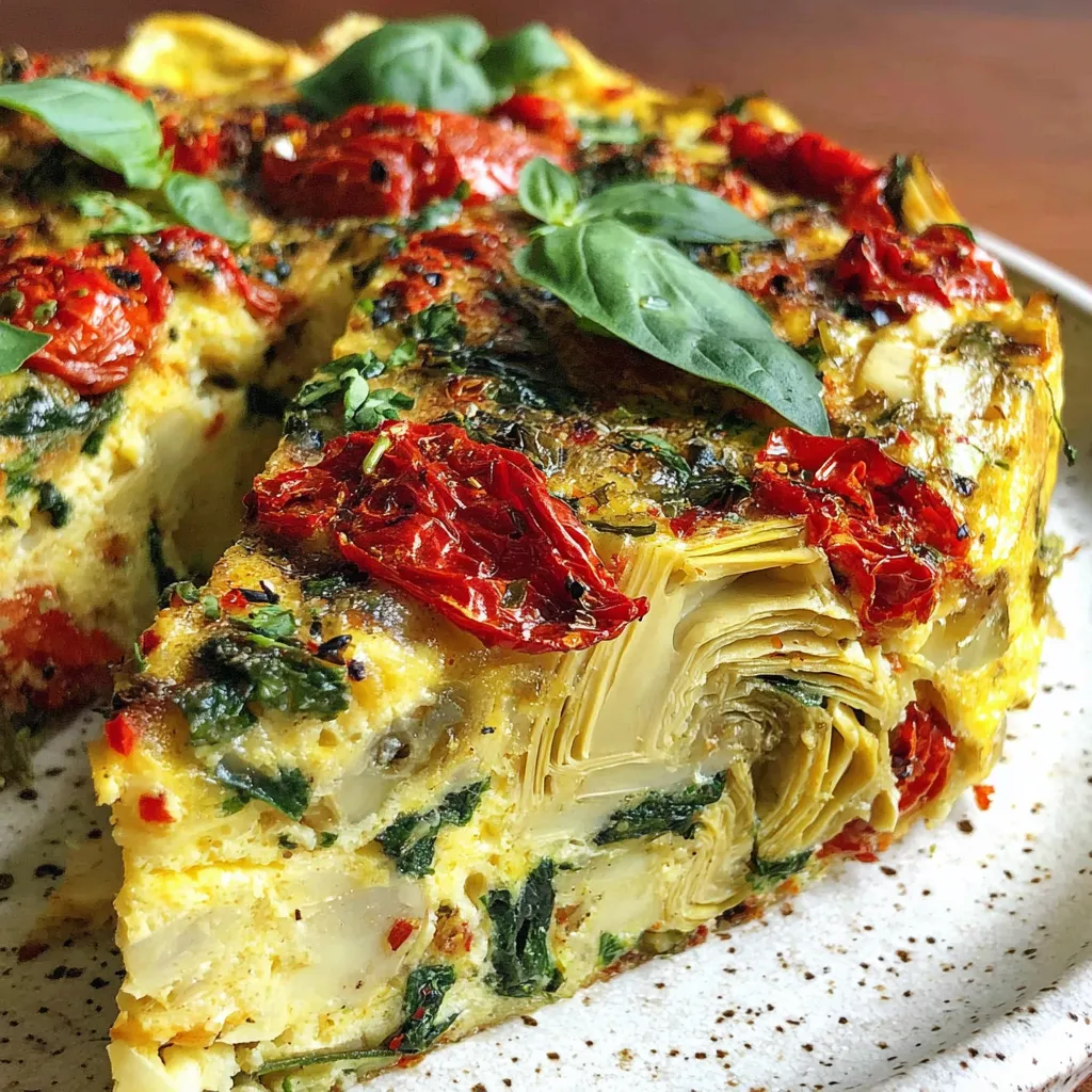 A slice of a spinach artichoke tomato casserole.