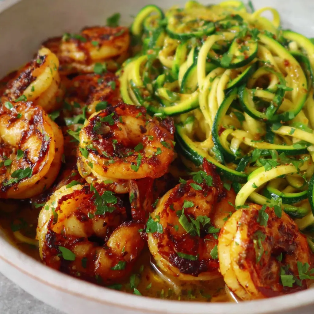 A bowl of shrimp and zucchini noodles.