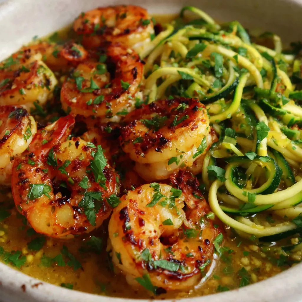 A bowl of shrimp and zucchini noodles.